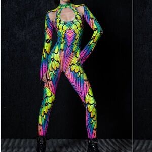 NEW! Devil Walking Neon Nymph Butterfly Cut Out Rave Catsuit Onesie L Glow